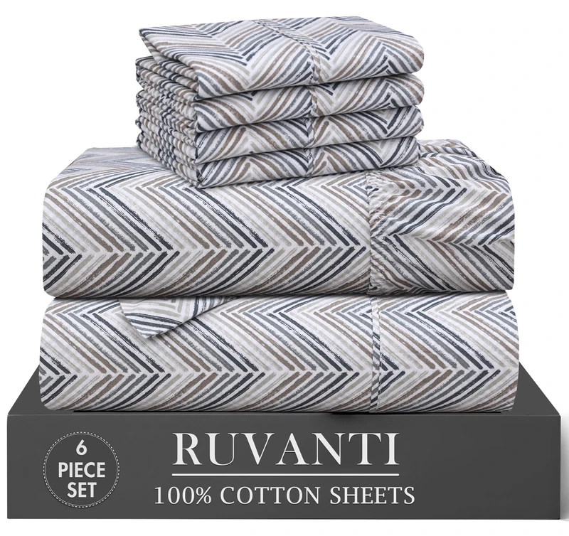 Ruvanti 6 Pcs Cotton Sheets - 100% Natural Cotton Soft, Lightweight & Breathable Crispy Percale Bed Sheets, Queen Sheet Set 16" Deep Pockets, Inverted Streak