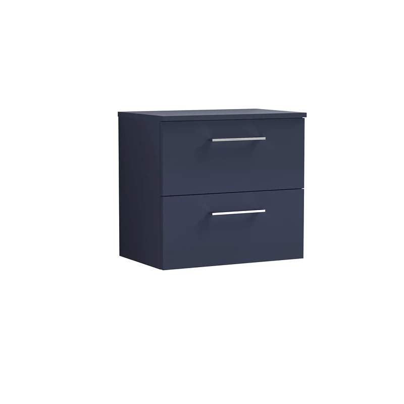 nuie ARN2924W Arno Modern Bathroom Wall Hung 2 Soft Close Drawer Vanity and Colour Coordinating Worktop, 600mm, Midnight Blue