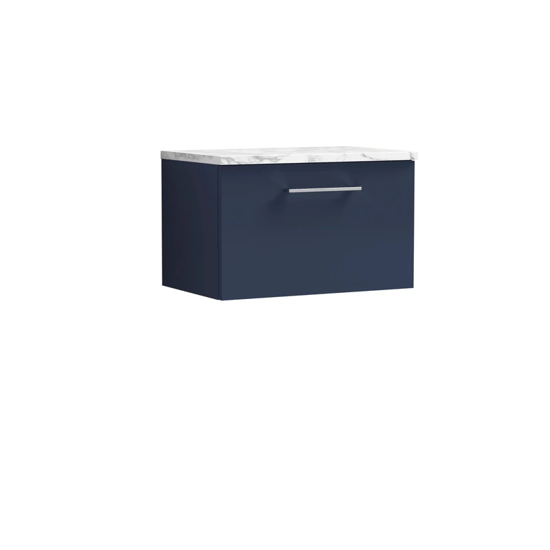 nuie ARN2922LCM Arno Modern Bathroom Wall Hung 1 Soft Close Drawer Vanity and Carrera Marble Laminate Worktop, 600mm, Midnight Blue