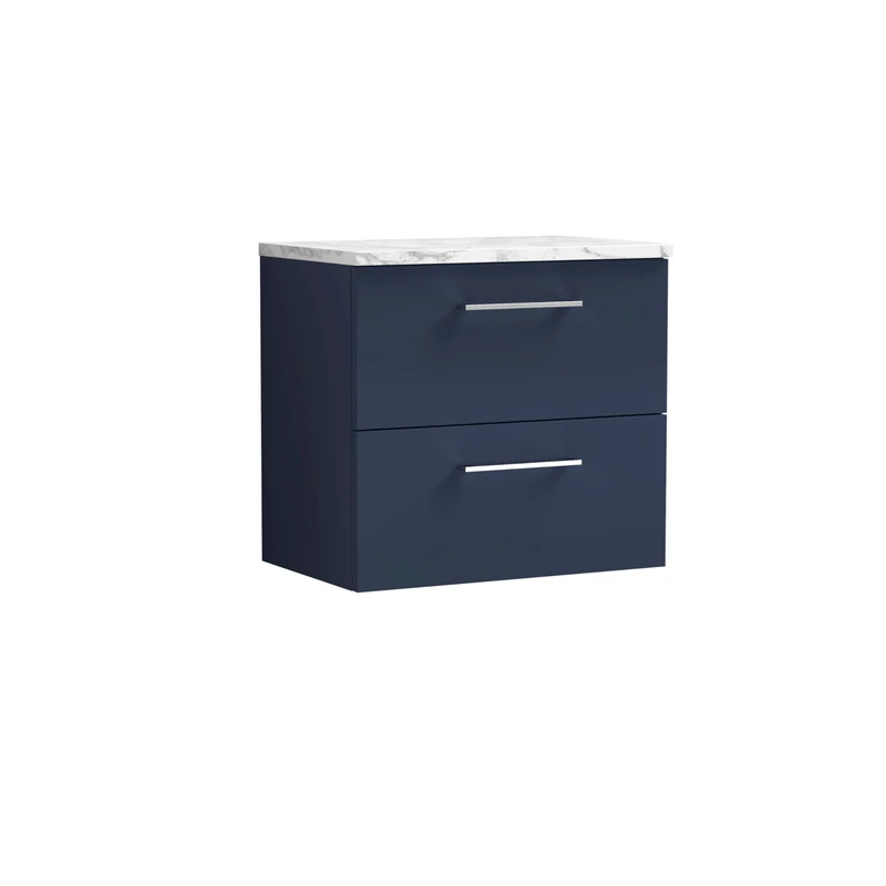 nuie ARN2924LCM Arno Modern Bathroom Wall Hung 2 Soft Close Drawer Vanity and Carrera Marble Laminate Worktop, 600mm, Midnight Blue