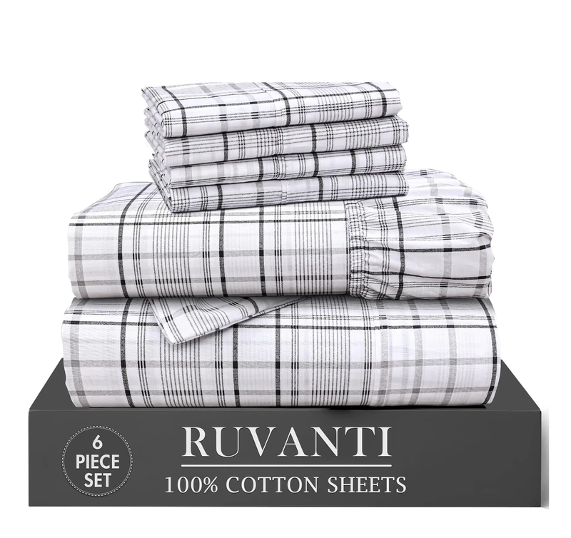 Ruvanti 6 Pcs Cotton Sheets - 100% Natural Cotton Soft, Lightweight & Breathable Crispy Percale Bed Sheets, Queen Sheet Set 16" Deep Pockets, Open Check