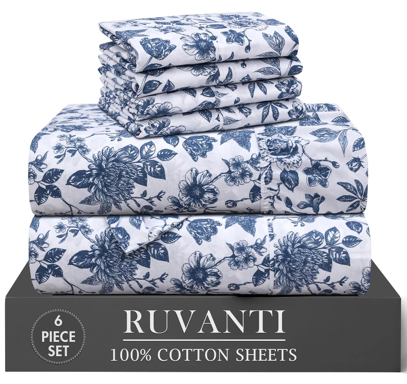 RUVANTI 6 Pcs Cotton Sheets - 100% Natural Cotton Soft, Lightweight & Breathable Crispy Percale Sheets, Full Size Bed Sheets 16" Deep Pockets, Wild Flower