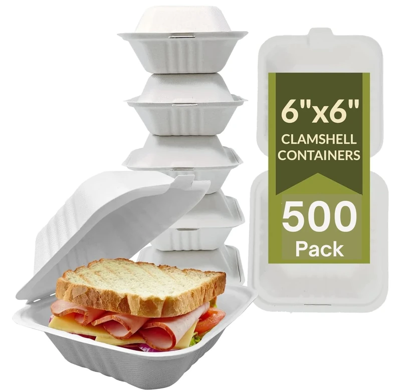 500 x Takeaway Burger Boxes, 6x6 inch 17oz / 480ml, Made from Natural Sugarcane Pulp, Eco-Friendly Clamshells, Disposable Takeaway Containers, Compostable Biodegradable, Sugarcane bagasse