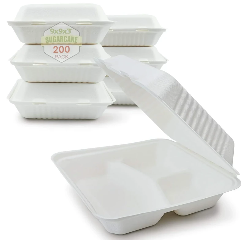 Mega Packaging 200 x Eco-Friendly Clamshell Takeaway Boxes, 9x9 inch 46oz / 1300ml, 3 compartments, Made from Natural Sugarcane Pulp, Disposable Takeaway Container, Compostable Biodegradable
