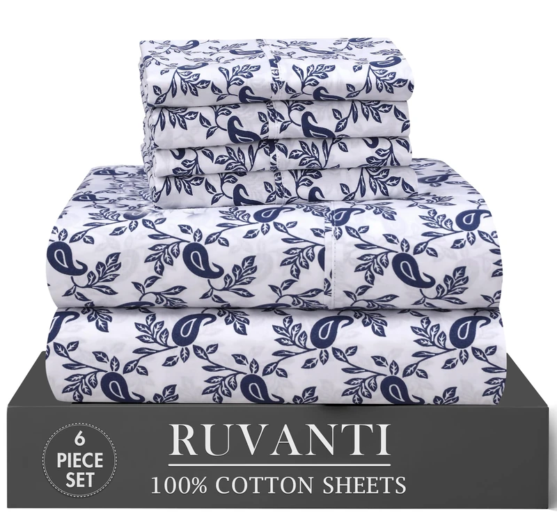 Ruvanti 6 Pcs Cotton Sheets - 100% Natural Cotton Soft, Lightweight & Breathable Crispy Percale Bed Sheets, Queen Sheet Set 16" Deep Pockets, Paisley Ornament