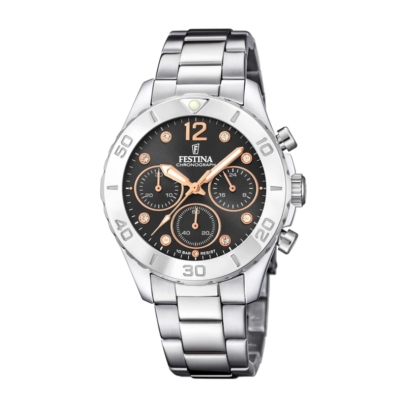 Festina Ladies Steel Chronograph Watch with Zirconia Sets and Bracelet F20603/6