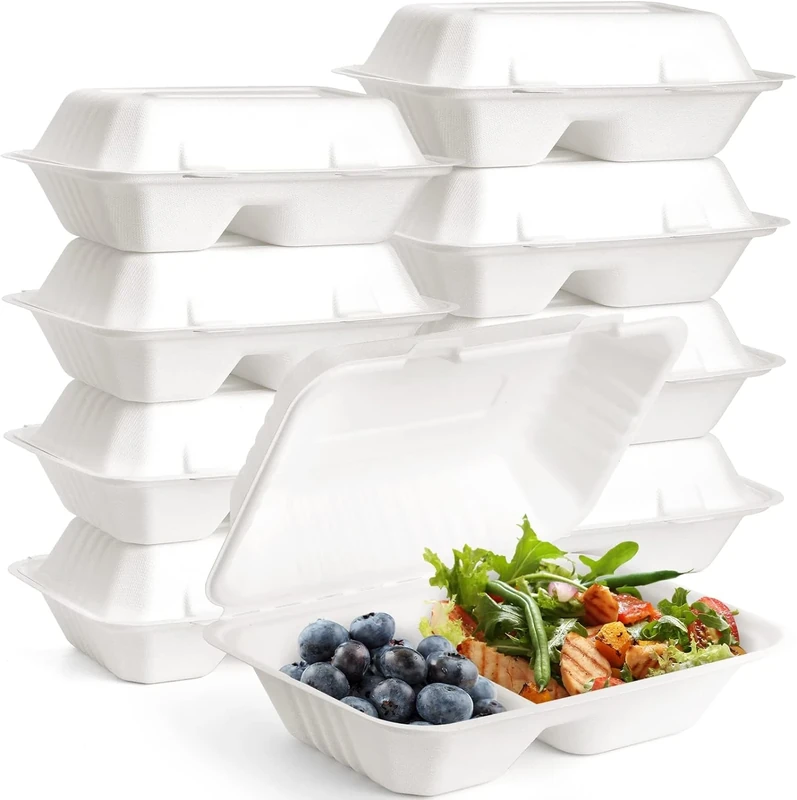 Mega Packaging 200 x Clamshell Takeaway Boxes, 9x6 inch, 30oz / 850ml, 2 sections, Made from Natural Sugarcane Pulp, Eco-Friendly Clamshells, Disposable Takeaway Container, Compostable Biodegradable