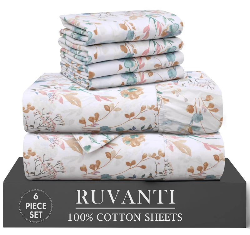 RUVANTI 6 Pcs Cotton Sheets - 100% Natural Cotton Soft, Lightweight & Breathable Crispy Percale Bed Sheets, Queen Sheet Set 16" Deep Pockets, Radiant