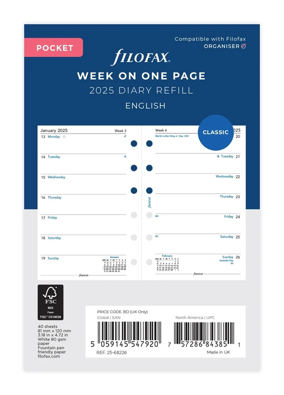 Pocket Week per page English 2025