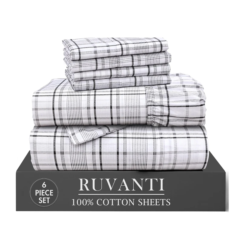 Ruvanti 100% Cotton Percale Sheets Cal King Size 6 Pcs Set, Open Check