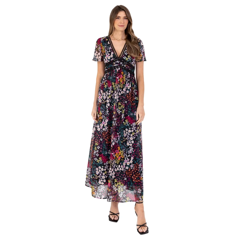 Lovedrobe Women's Ladies Maxi Dress Short Angel Sleeve V-Neck Floral Print Trim Detail Empire A-line Casual Wedding Guest Occasion Floral Print 16 - Image 1