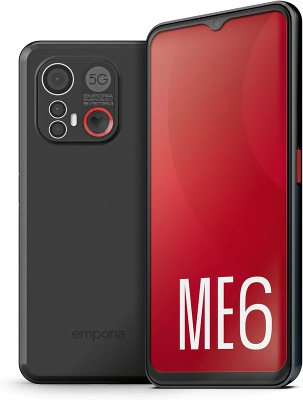 Emporia ME6 5G Smartphone, 6.58" HD Display, 128GB Memory, 6GB RAM, SIM free Unlocked, 50MP camera, ASHA Hearing Aid Protocol, Personal Panic Button, Android 13. Black