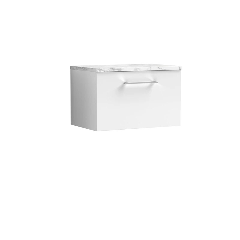 nuie ARN122LCM Arno Modern Bathroom Wall Hung 1 Soft Close Drawer Vanity Unit and Carrera Marble Laminate Worktop, 600mm, Gloss White