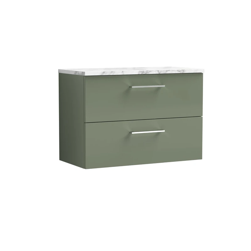 nuie ARN826LCM Arno Modern Bathroom Wall Hung 2 Soft Close Drawer Vanity Unit and Carrera Marble Laminate Worktop, 800mm, Satin Green