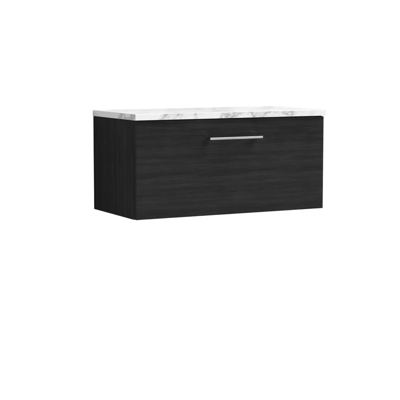 nuie ARN625LCM Arno Modern Bathroom Wall Hung 1 Soft Close Drawer Vanity Unit and Carrera Marble Laminate Worktop, 800mm, Charcoal Black Woodgrain