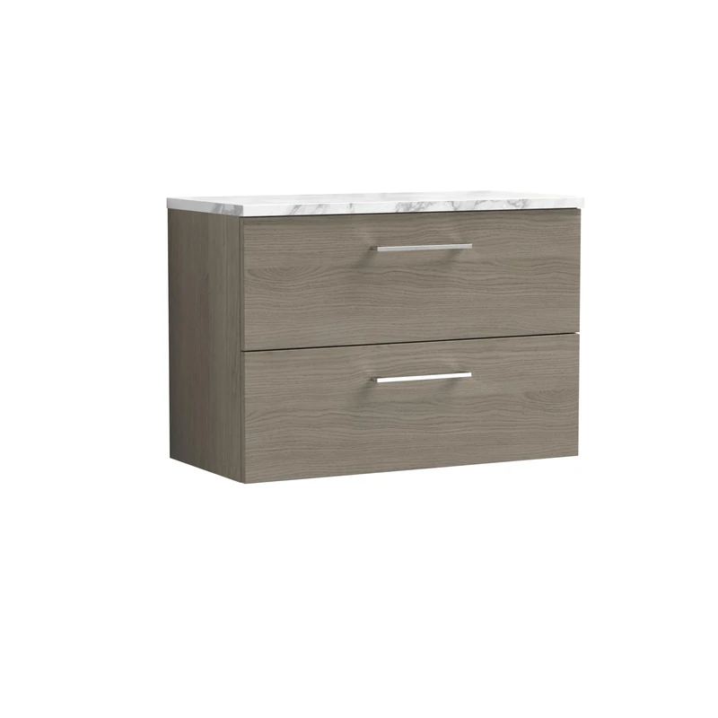 nuie ARN2526LCM Arno Modern Bathroom Wall Hung 2 Soft Close Drawer Vanity Unit and Carrera Marble Laminate Worktop, 800mm, Solace Oak