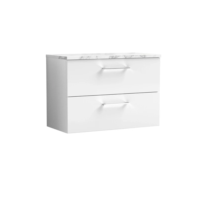 nuie ARN126LCM Arno Modern Bathroom Wall Hung 2 Soft Close Drawer Vanity Unit and Carrera Marble Laminate Worktop, 800mm, Gloss White