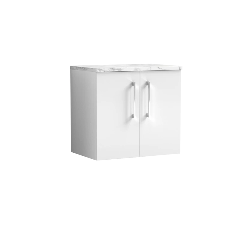 nuie ARN123LCM Arno Modern Bathroom Wall Hung 2 Soft Close Door Vanity Unit and Carrera Marble Laminate Worktop, 600mm, Gloss White - Image 1