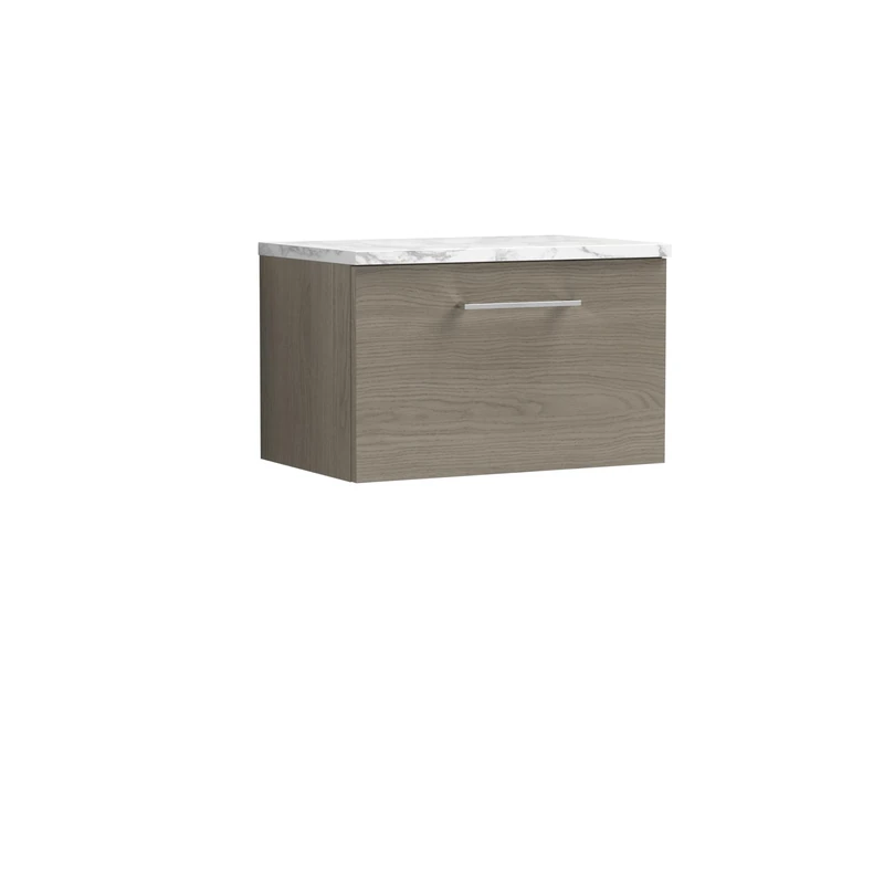 nuie ARN2522LCM Arno Modern Bathroom Wall Hung 1 Soft Close Drawer Vanity Unit and Carrera Marble Laminate Worktop, 600mm, Solace Oak