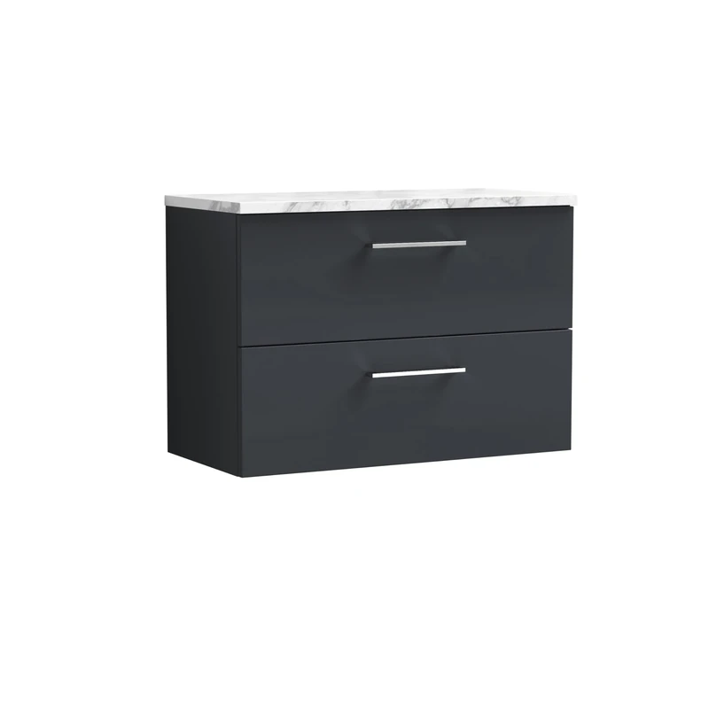 nuie ARN1426LCM Arno Modern Bathroom Wall Hung 2 Close Drawer Vanity Unit and Carrera Marble Laminate Worktop, 800mm, Soft Black