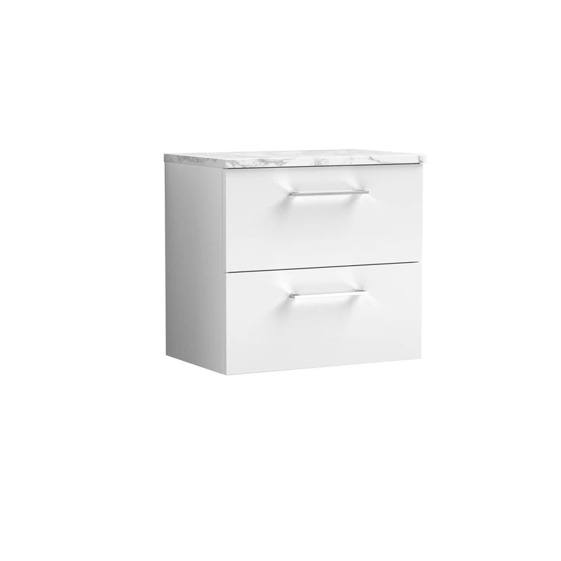 nuie ARN124LCM Arno Modern Bathroom Wall Hung 2 Soft Close Drawer Vanity Unit and Carrera Marble Laminate Worktop, 600mm, Gloss White