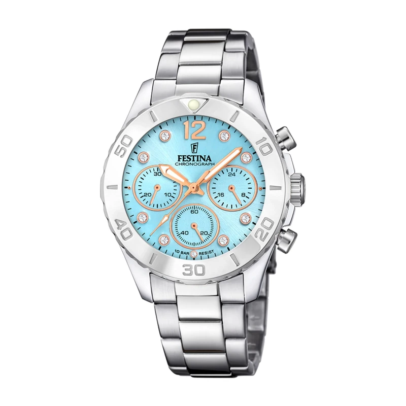 Festina Ladies Steel Chronograph Watch with Zirconia Sets and Bracelet F20603/4