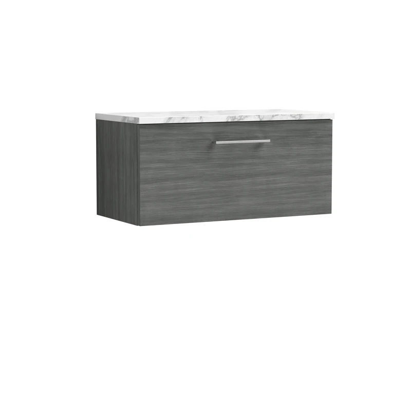 nuie ARN525LCM Arno Modern Bathroom Wall Hung 1 Soft Close Drawer Vanity Unit and Carrera Marble Laminate Worktop, 800mm, Anthracite Woodgrain