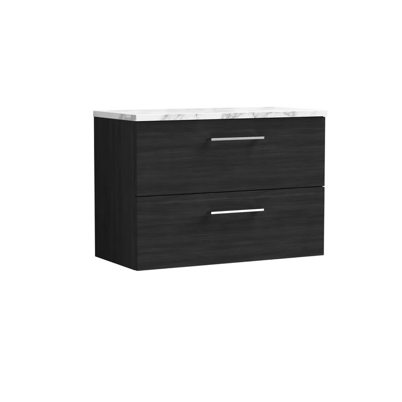 nuie ARN626LCM Arno Modern Bathroom Wall Hung 2 Soft Close Drawer Vanity Unit and Carrera Marble Laminate Worktop, 800mm, Charcoal Black Woodgrain
