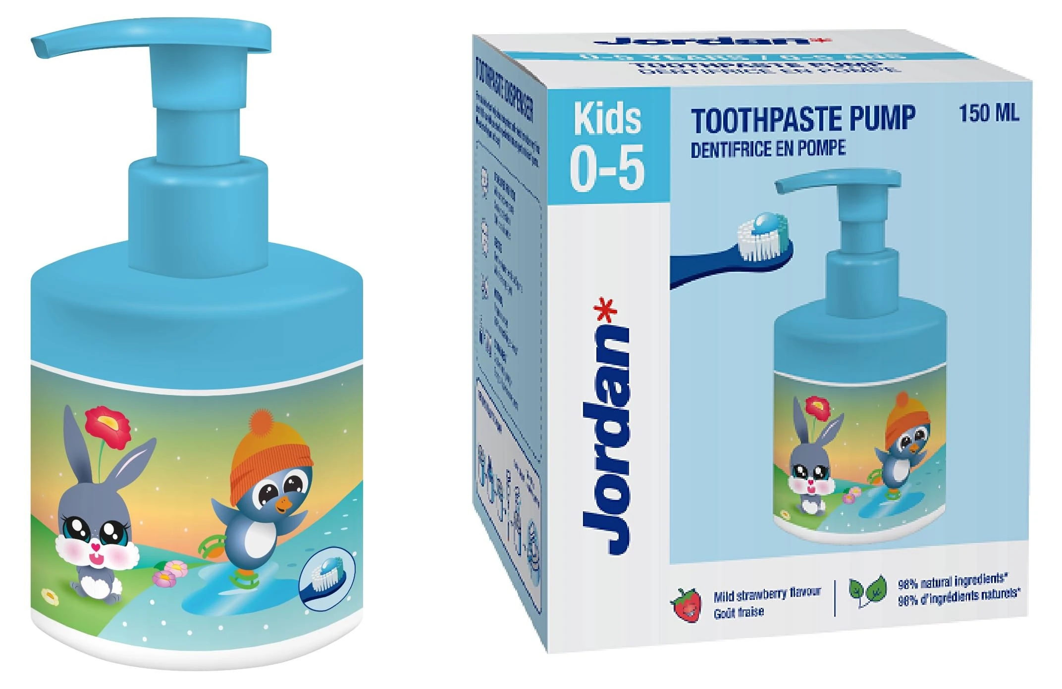 Jordan ® | Kids Toothpaste Pump | Toothpaste on a Pump Dispenser Equivalent to 3 Regular Tubes | Innovative and Convenient Solution Developed for Children | 0-5 Years | Strawberry | 1000ppm | 150 ml