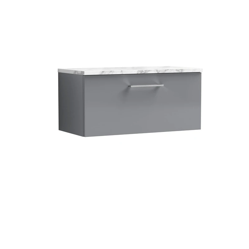 nuie ARN2225LCM Arno Modern Bathroom Wall Hung 1 Soft Close Drawer Vanity Unit and Carrera Marble Laminate Worktop, 800mm, Satin Grey