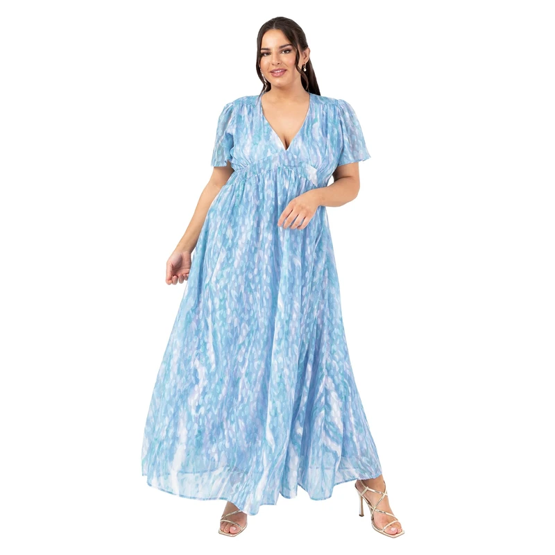 Lovedrobe Women's Ladies Maxi Dress Short Angel Sleeve V-Neckline Trim Detail Empire A-line Casual Wedding Guest Occasion Blue 24 - Image 1