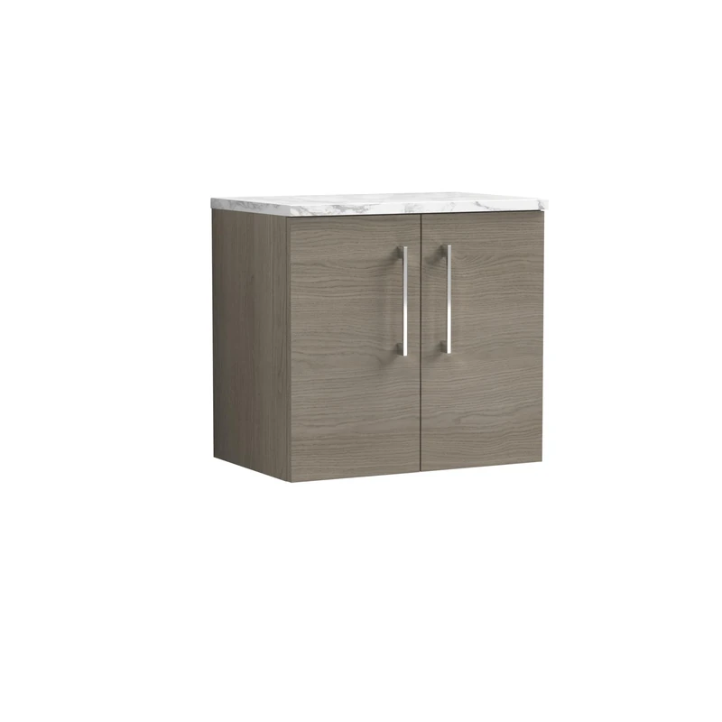 nuie ARN2523LCM Arno Modern Bathroom Wall Hung 2 Soft Close Door Vanity Unit and Carrera Marble Laminate Worktop, 600mm, Solace Oak - Image 1