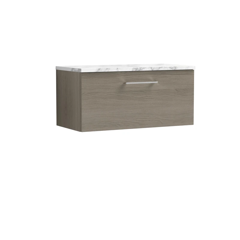 nuie ARN2525LCM Arno Modern Bathroom Wall Hung 1 Soft Close Drawer Vanity Unit and Carrera Marble Laminate Worktop, 800mm, Solace Oak