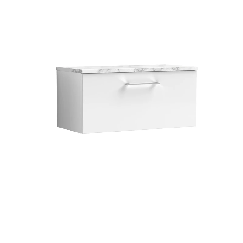 nuie ARN125LCM Arno Modern Bathroom Wall Hung 1 Soft Close Drawer Vanity Unit and Carrera Marble Laminate Worktop, 800mm, Gloss White