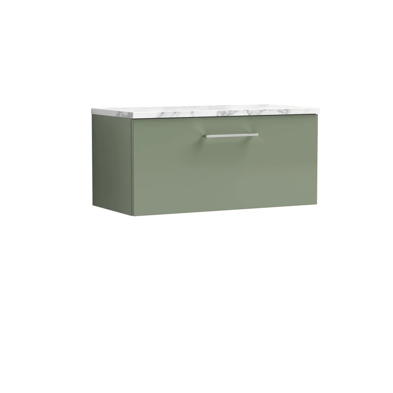 nuie ARN825LCM Arno Modern Bathroom Wall Hung 1 Soft Close Drawer Vanity Unit and Carrera Marble Laminate Worktop, 800mm, Satin Green