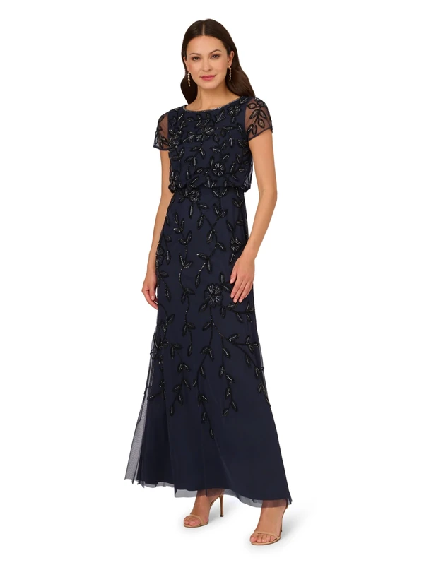 Adrianna Papell Women's Blouson Beaded Long Dress Special Occasion, Navy Black, 12