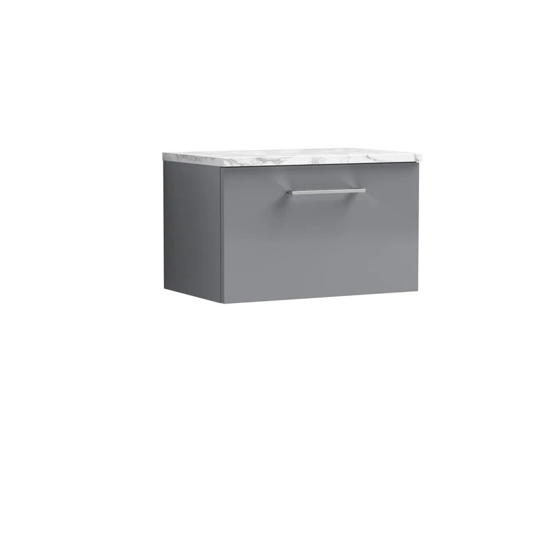 nuie ARN2222LCM Arno Modern Bathroom Wall Hung 1 Soft Close Drawer Vanity Unit and Carrera Marble Laminate Worktop, 600mm, Satin Grey