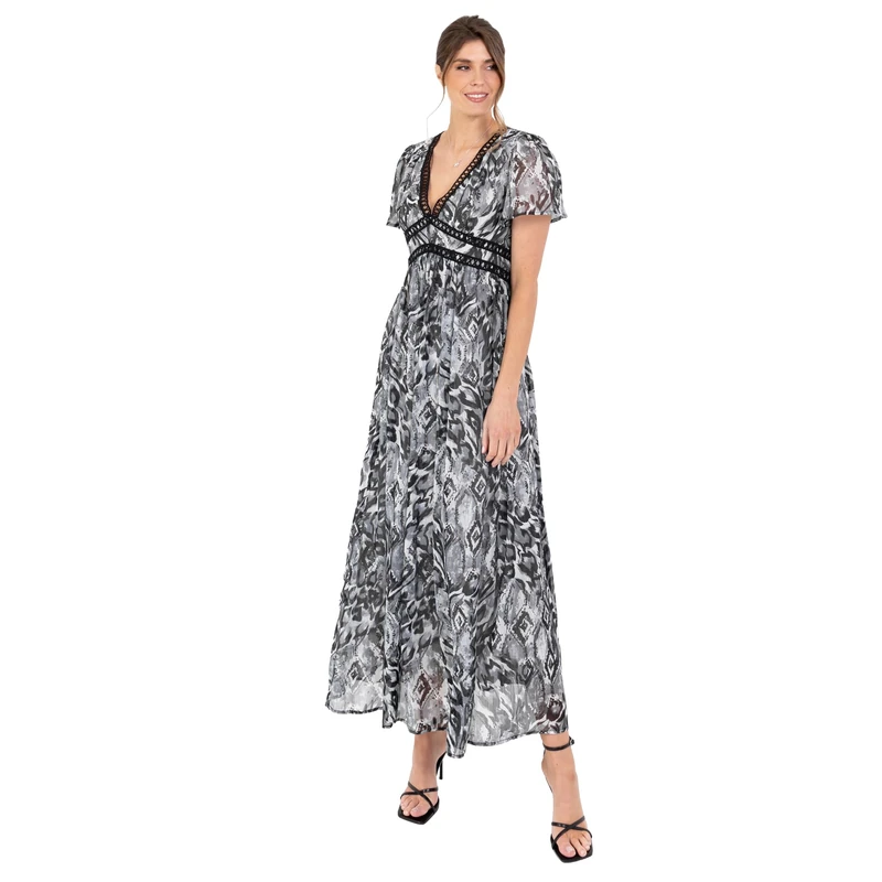 Lovedrobe Women's Ladies Maxi Dress Short Angel Sleeve V-Neckline Animal Print Empire A-line Casual Wedding Guest Occasion Grey 12 - Image 1
