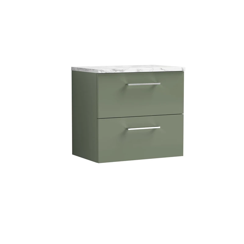 nuie ARN824LCM Arno Modern Bathroom Wall Hung 2 Soft Close Drawer Vanity Unit and Carrera Marble Laminate Worktop, 600mm, Satin Green