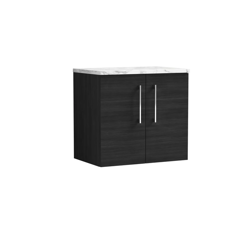 nuie ARN623LCM Arno Modern Bathroom Wall Hung 2 Soft Close Door Vanity Unit and Carrera Marble Laminate Worktop, 600mm, Charcoal Black Woodgrain