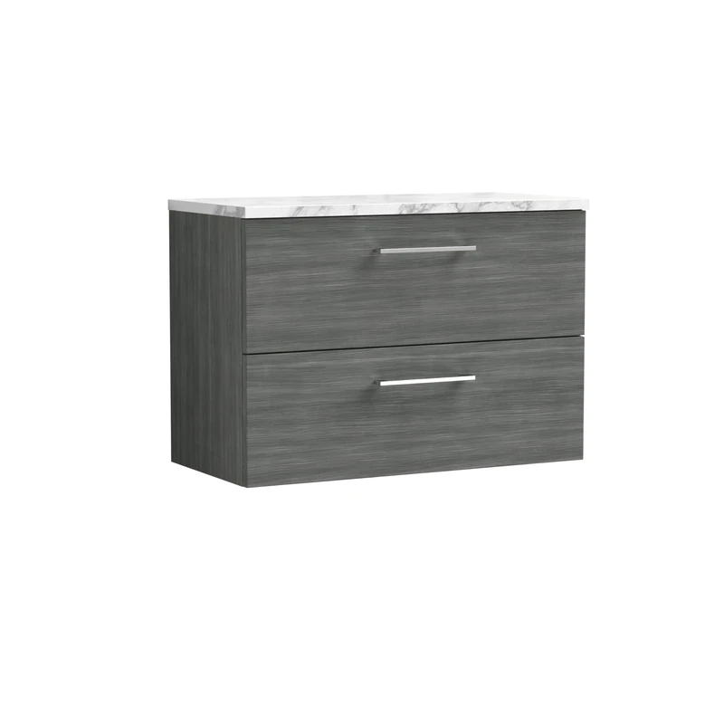 nuie ARN526LCM Arno Modern Bathroom Wall Hung 2 Soft Close Drawer Vanity Unit and Carrera Marble Laminate Worktop, 800mm, Anthracite Woodgrain