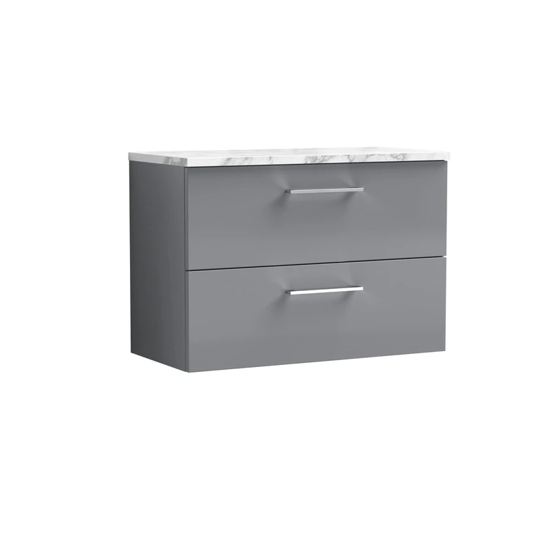 nuie ARN2226LCM Arno Modern Bathroom Wall Hung 2 Soft Close Drawer Vanity Unit and Carrera Marble Laminate Worktop, 800mm, Satin Grey - Image 1