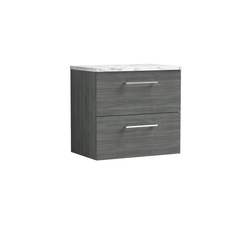 nuie ARN524LCM Arno Modern Bathroom Wall Hung 2 Soft Close Drawer Vanity Unit and Carrera Marble Laminate Worktop, 600mm, Anthracite Woodgrain