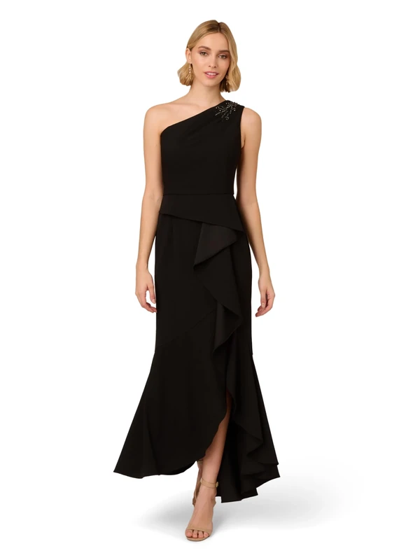 Adrianna Papell Women's Beaded Knit Crepe Gown Special Occasion Dress, Black, 14