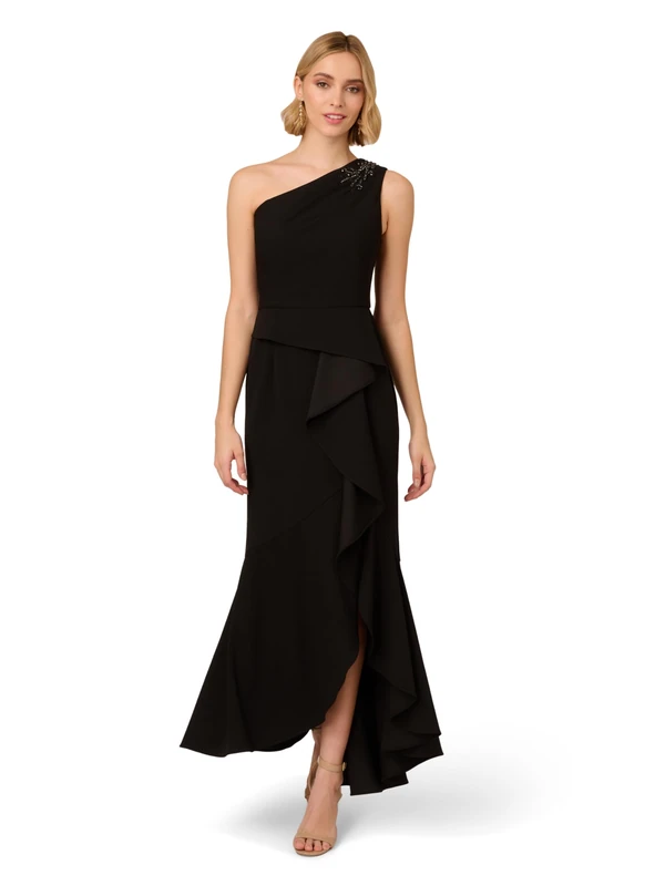 Adrianna Papell Women's Beaded Knit Crepe Gown Special Occasion Dress, Black, 16