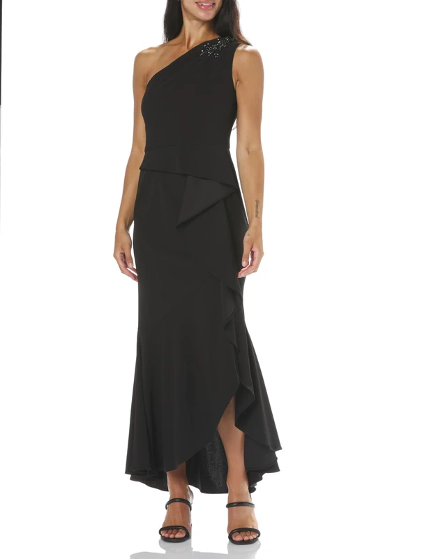 Adrianna Papell Women's Beaded Knit Crepe Gown Special Occasion Dress, Black, 6