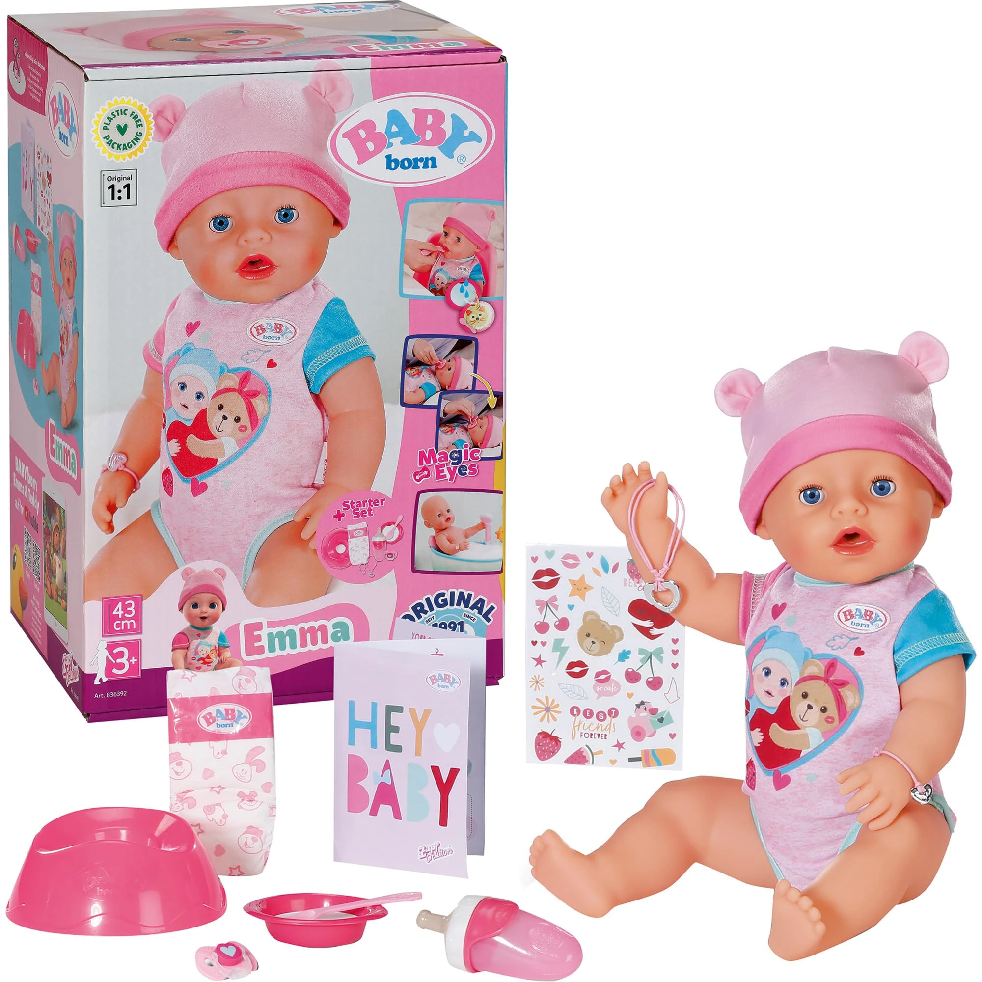 BABY born Emma, Baby Doll with 10 Functions and Accessories, For Children Aged 3 and Over, Works without Batteries, 43cm Tall Doll, 836392 Zapf Creation