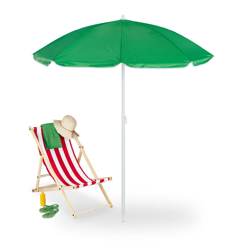 Relaxdays Parasol, Ø 160cm, Height Adjustable, Bendable, Camping, UV Protection, Round Beach & Balcony Umbrella, Green