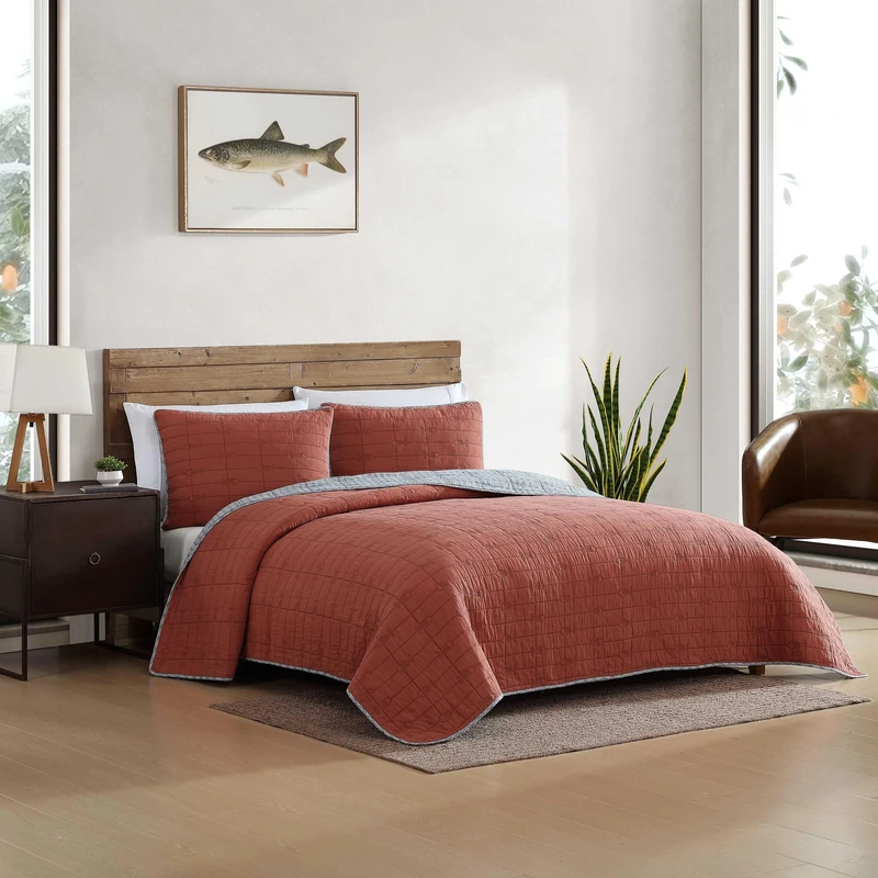 Eddie Bauer - Queen Quilt Set, Soft Reversible Bedding with Matching Shams, Fishing Inspired Home Decor (Troutdale Orange, Queen)