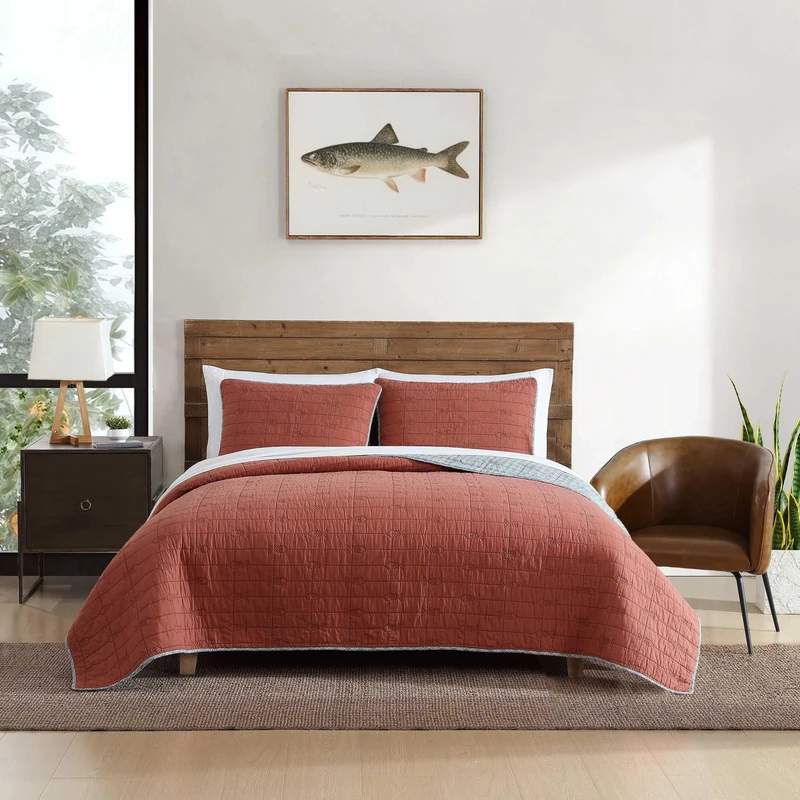 Eddie Bauer - King Quilt Set, Soft Reversible Bedding with Matching Shams, Fishing Inspired Home Decor (Troutdale Orange, King)
